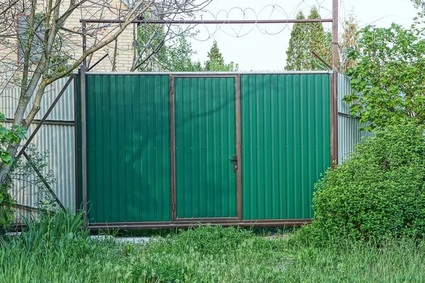 Geschlossenes Eisernes Grünes Tor Und Grauer Metallzaun Überwuchert Mit Gras — Stockfoto