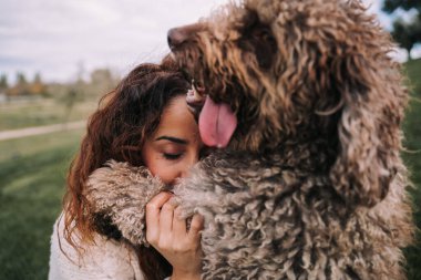 Güzel bir kadın köpeğiyle birlikte çayırda. Sarıldılar. Köpek uzaklara bakarken, onun gözleri kapalıdır. Arkadaşlıklarından zevk alıyorlar. Evcil hayvan bir İspanyol su köpeği..