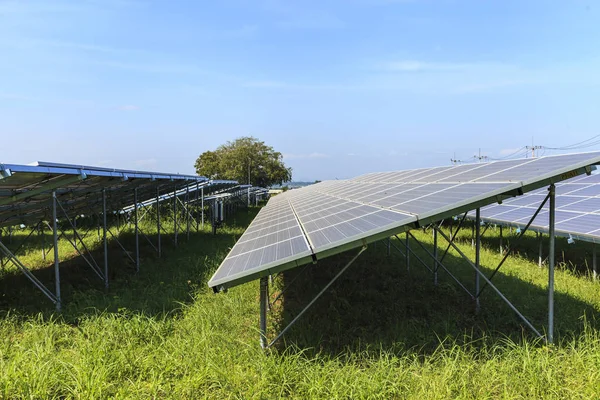 Paneles solares en campo verde, Central solar — Foto de Stock