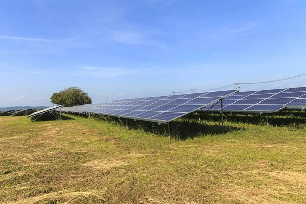 Paneles solares en campo verde, Central solar — Foto de Stock