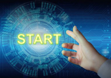 Başlat düğmesi ile teknoloji soyut Backg dokunmadan işadamı