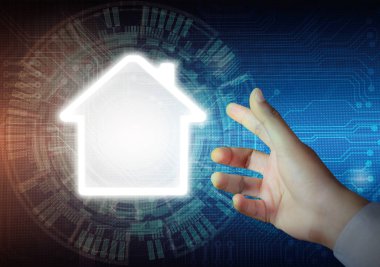 Modern ev simge teknoloji Abst ile dokunmadan işadamı el