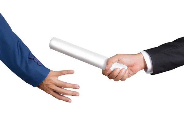 Cropped hand of businessman passing relay baton to colleague — Stock Photo, Image