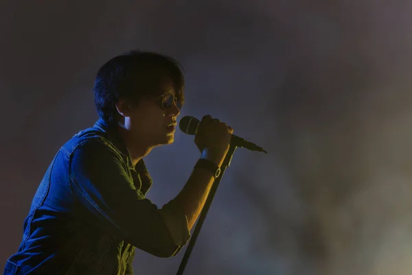 A man singing into a microphone under spotlight with smoke on a — Stock Photo, Image