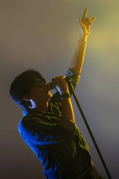 Um homem cantando em um microfone sob holofotes com fumaça em um — Fotografia de Stock