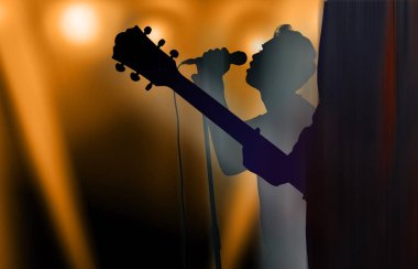Silhouette elektro gitar oyuncu ve şarkıcı bir sahnede canlı