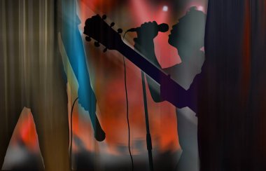Silhouette elektro gitar oyuncu ve şarkıcı bir sahnede canlı
