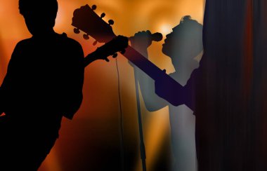Silhouette elektro gitar oyuncu ve şarkıcı bir sahnede canlı