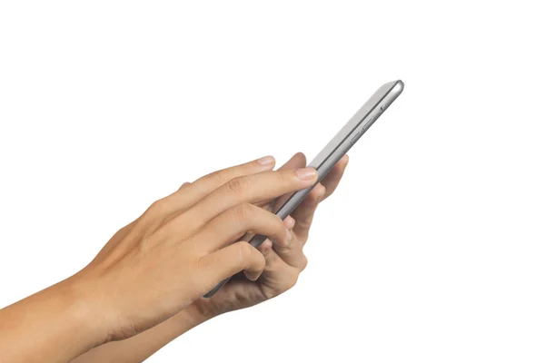 Primo piano delle mani della donna che tengono tablet digitale su backgrou bianco — Foto Stock