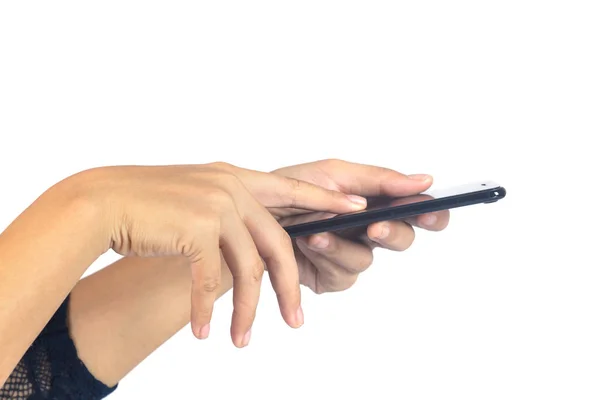 Close up of woman hands holding cell phone on white background — Stock Photo, Image