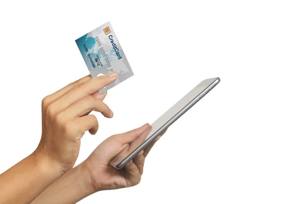 Close up of woman holding digital tablet with credit card on whi — Stock Photo, Image