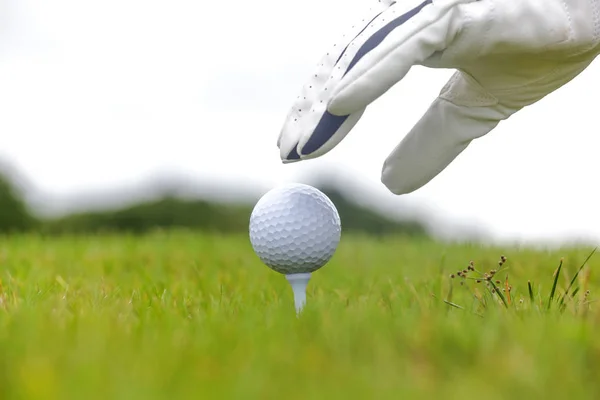 Kezében a golfpálya golf labda a tee — Stock Fotó