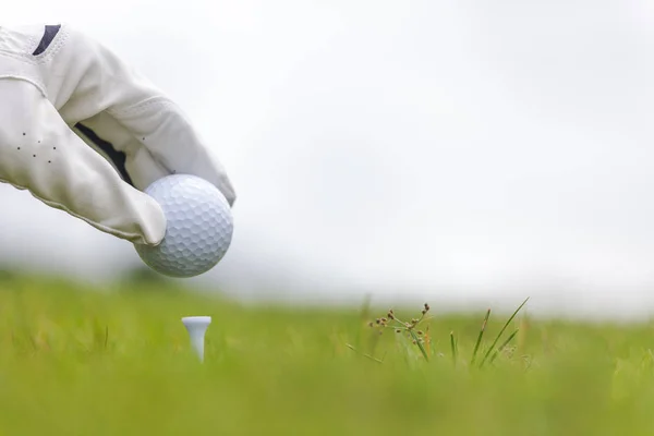 Main tenant une balle de golf avec tee sur le terrain de golf — Photo