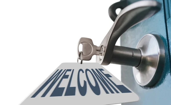 Open the door with welcome sign — Stock Photo, Image