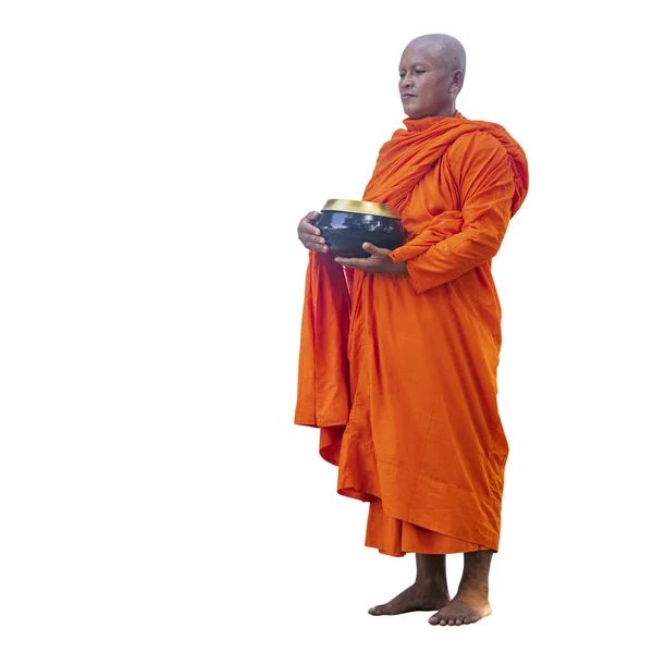Buddhist monks holding rice bowls on white background with clipp