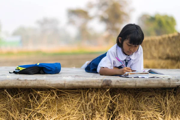 Aziatische student in uniforme studeren aan platteland van Thailand — Stockfoto