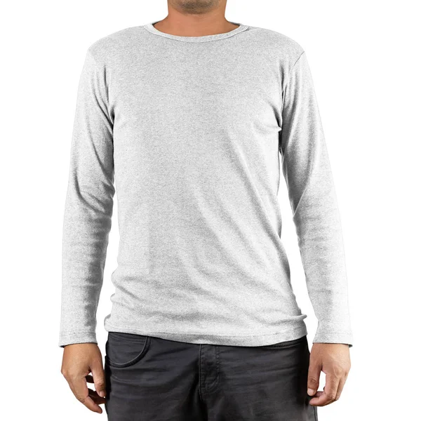 Студийный снимок человека в белоснежной футболке с длинными рукавами на спине — стоковое фото