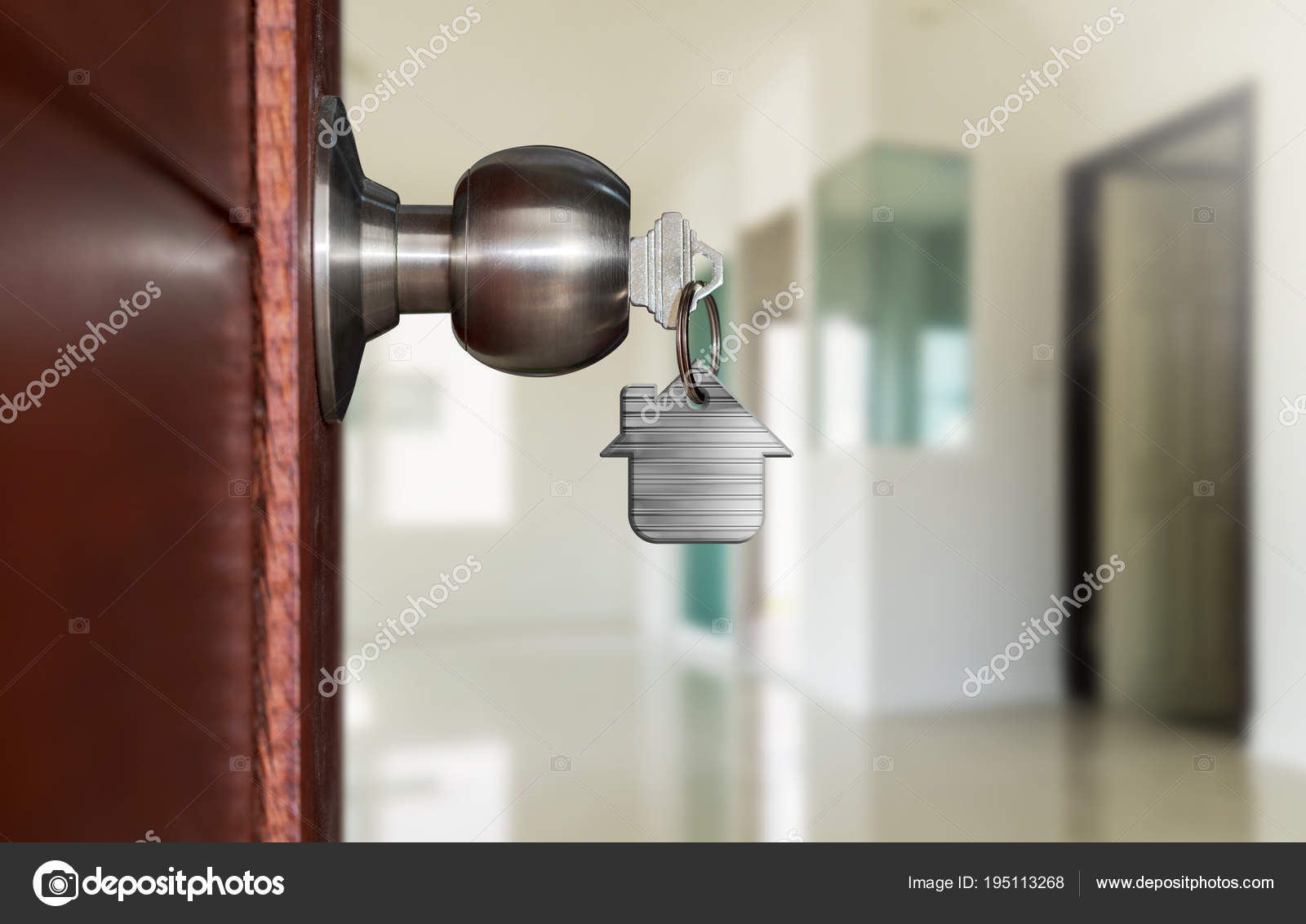 Open Door With Keys House Key In Keyhole With Small House Stock