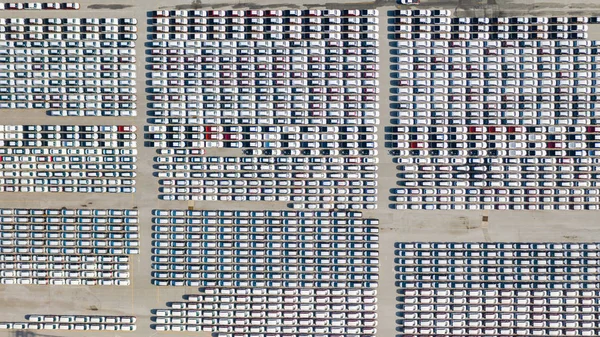 Aerial view Lot of vehicles on parking for new car for export, B — Stock Photo, Image