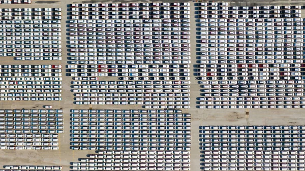 Aerial view Lot of vehicles on parking for new car for export, B — Stock Photo, Image