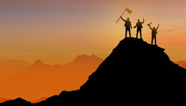 Silhouette eines Geschäftsmannes, Gruppe von Völkern, die auf einem Berg stehen — Stockfoto
