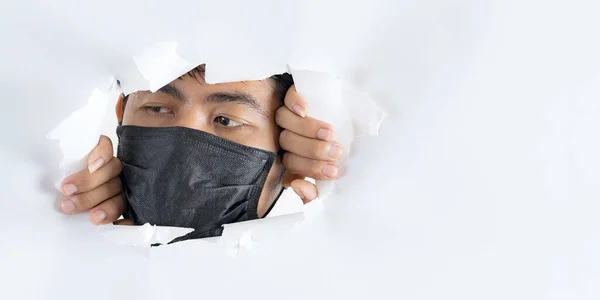 Close Portrait Man Wearing Protection Face Mask Coronavirus Back White — Stock Photo, Image