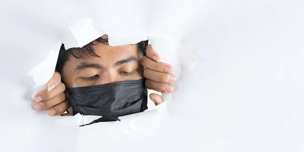 Close Portrait Man Wearing Protection Face Mask Coronavirus Back White — Stock Photo, Image