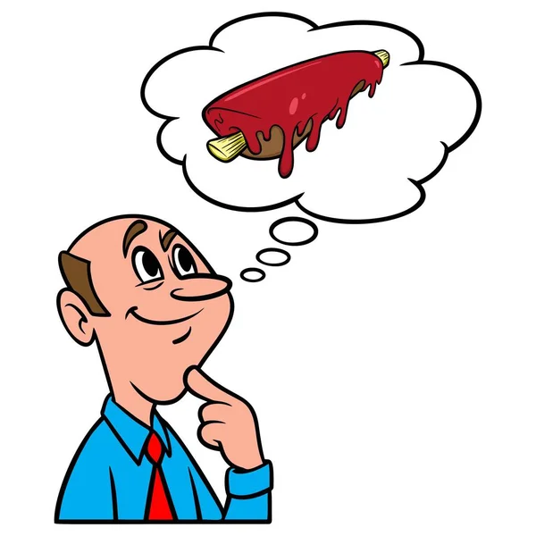 Pensando Bbq Cartone Animato Illustrazione Uomo Che Pensa Mangiare Barbecue — Vettoriale Stock