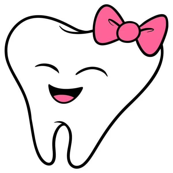 カワイイ歯と弓 ピンクの弓でかわいいスタイルの赤ちゃんの歯の漫画のイラスト — ストックベクタ