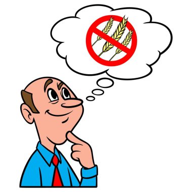 Thinking about a Gluten Free Diet - A cartoon illustration of a man thinking about a Gluten Free Diet. clipart