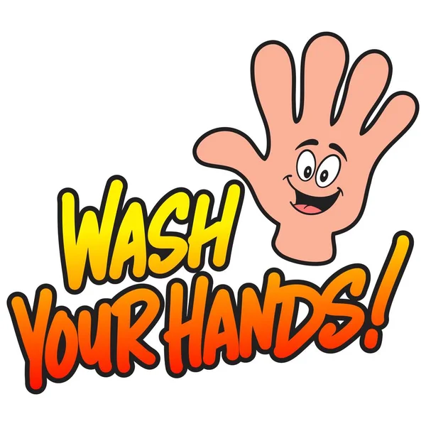 手を洗う漫画 手を洗うと言う手書きのテキストと手の漫画のイラスト — ストックベクタ