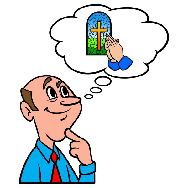 教会について考える 教会サービスについて考える男の漫画のイラスト — ストックベクタ