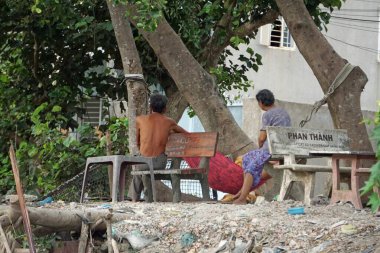 Can tho, vietnam, circa febraury 2020: Hau River şarkısındaki yerel hayat