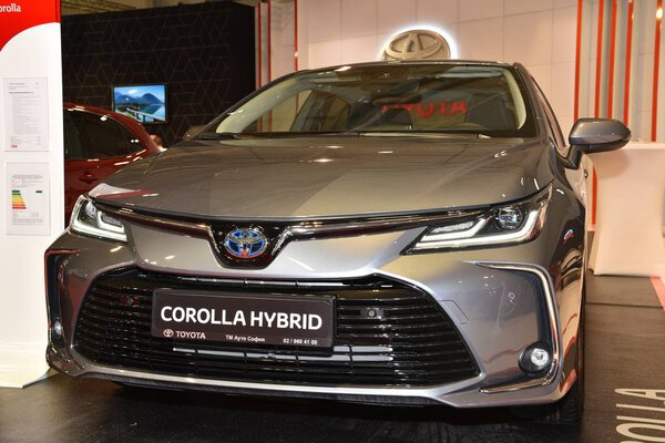 Sofia, Bulgaria - October 11, 2019: Toyota Corolla Hybrid Sedan at Sofia Motor Show