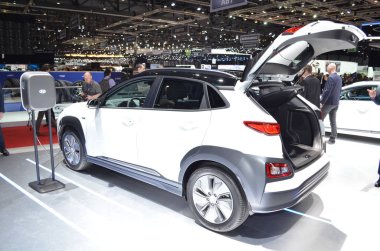 Cenevre, İsviçre, Mart 06-2018: Gims 'de Hyundai Kona elektrik
