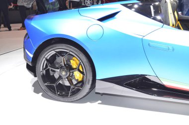 Geneva, Switzerland, March 06-2018: Lamborghini Huracan Performante Spyder at GIMS clipart