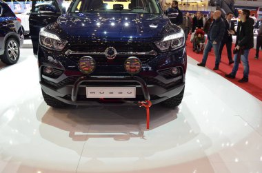 Cenevre, İsviçre, Mart 06-2018: Ssangyong Musso at Gims Swiss