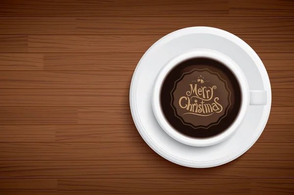 Coffee mug with words merry Christmas on brown wood table — Stock Vector