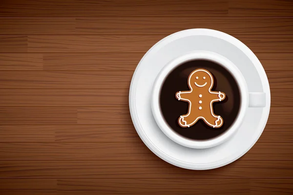 Kubek kawy z gingerbread man kształt na brązowy stół z drewna — Wektor stockowy
