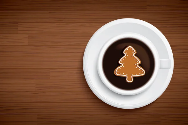 Кофейная кружка с рождественской елкой на столе из коричневого дерева — стоковый вектор