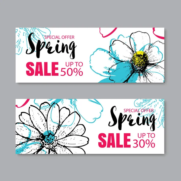 Vårens försäljning banner mall med färgstarka blomma. — Stock vektor
