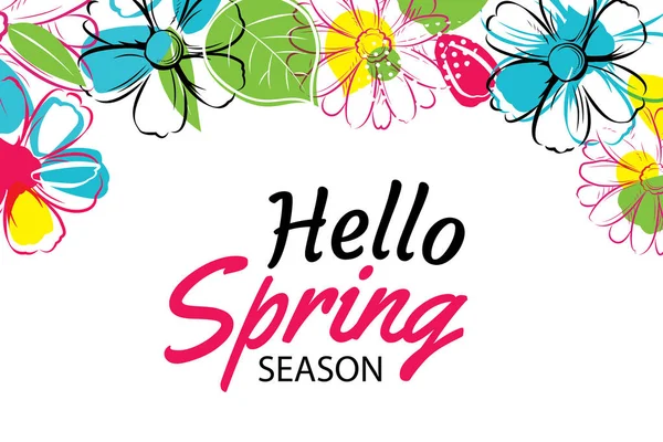 Hola plantilla de banner de primavera con flores de colores. ¿Se puede utilizar vou — Vector de stock