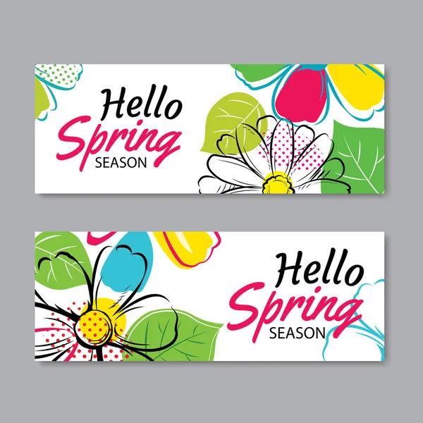 Hola plantilla de banner de venta de primavera con flores coloridas. Puede ser nosotros — Archivo Imágenes Vectoriales