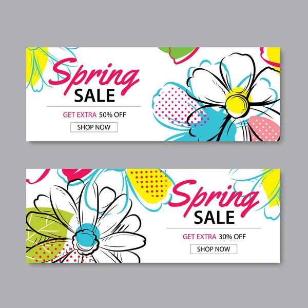 Spring sale banner template with colorful flower background.Can — Stock Vector