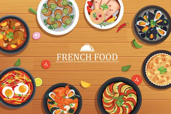 Γαλλικό φαγητό με φόντο το top view ξύλινο τραπέζι — Διανυσματικό Αρχείο