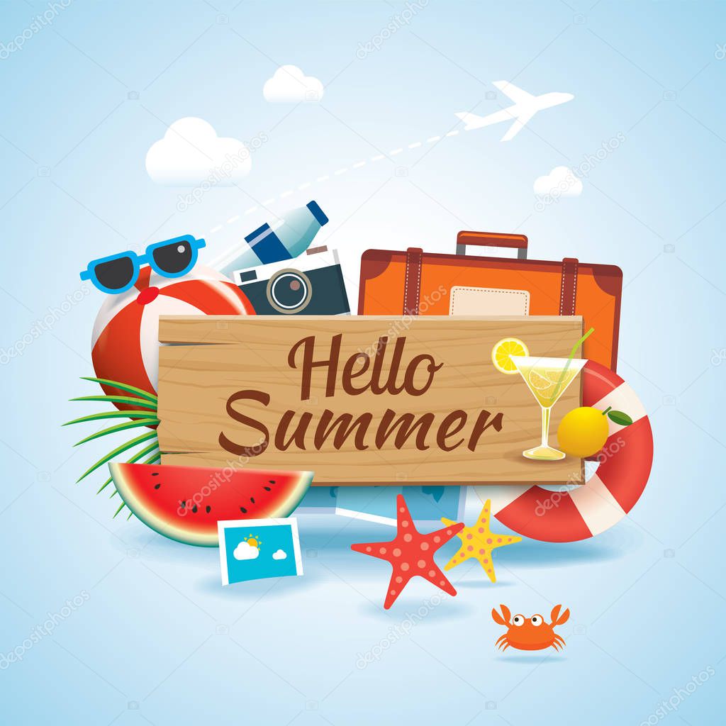 hello summer time travel season banner design and colorful beach