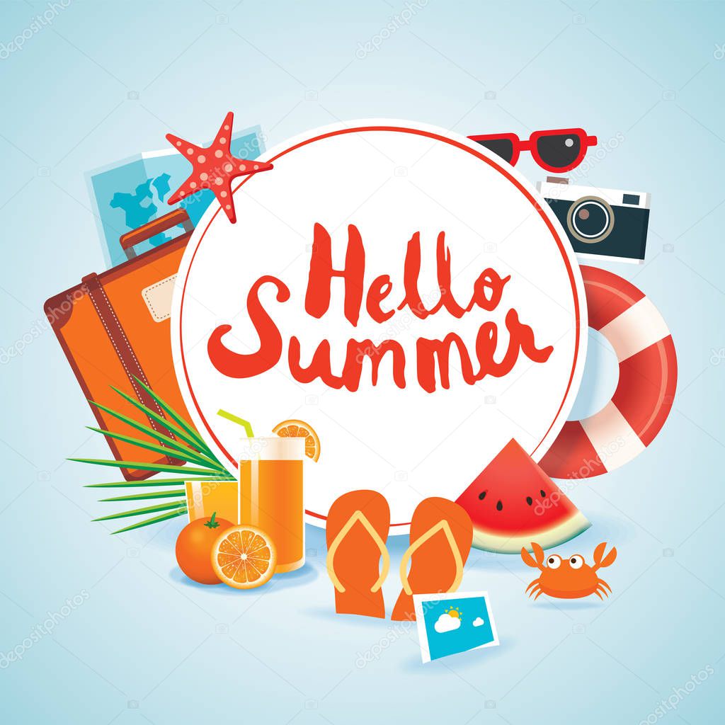 hello summer time travel season banner design and colorful beach