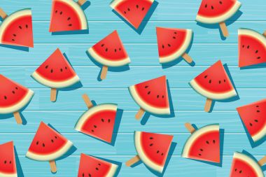 Karpuz dilimi mavi ahşap. Yaz saati arka plan afiş.