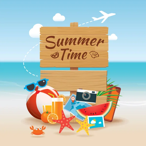 Summer time background banner design template and wooden sign se — Stock Vector