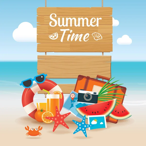 Summer time background banner design template and wooden sign el — Stock Vector